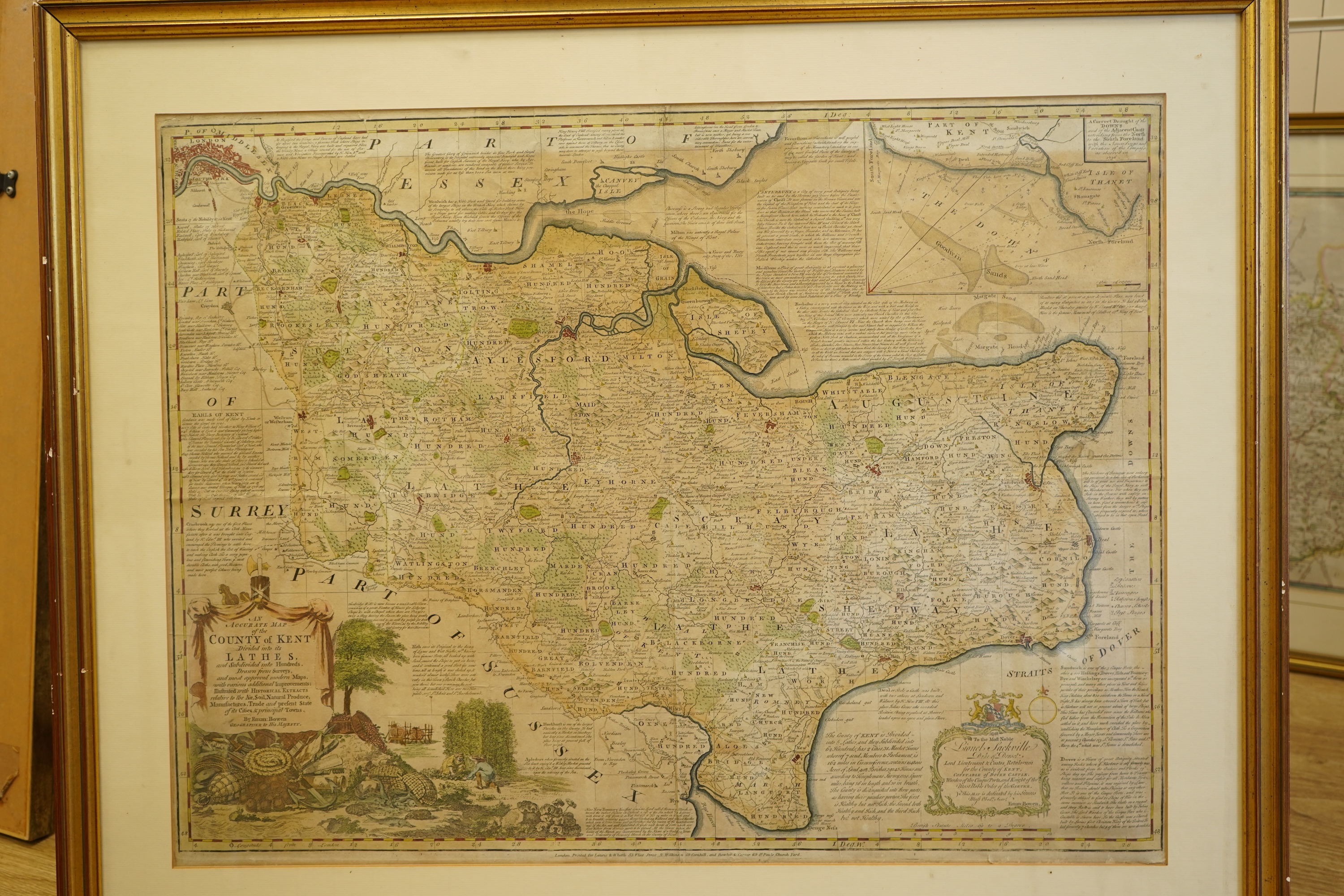 Emanuel Bowen (1694-1767), 'An accurate map of the County of Kent, divided into its lathes', hand coloured engraved map, printed for Laurie & Whittle, London, together with Robert Morden (c. 1650-1703), The County Palati